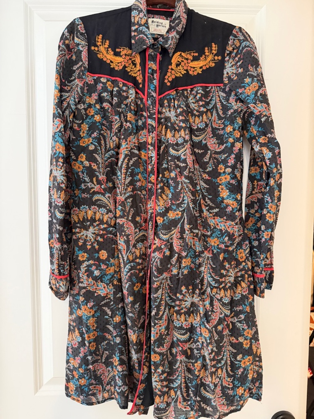 HOLDING HORSES Black Floral Embroidered Midi Shirt Dress western cowgirl